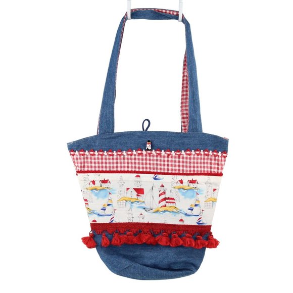 Hand Crafted Handbags - Handcrafted Handsewn Lighthouse Plaid Denim Embellished Lined Shoulder Purse Bag